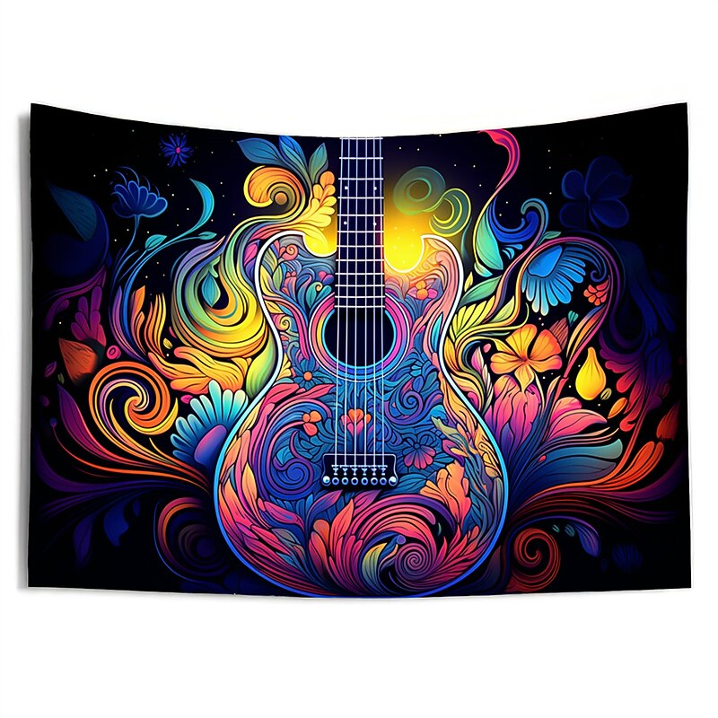 Blacklight Tapestry UV Reactive Glow in the Dark Glow Party Neon Trippy Misty Guitar Rock Hanging Tapestry Wall Art Mural for Living Room Bedroom3