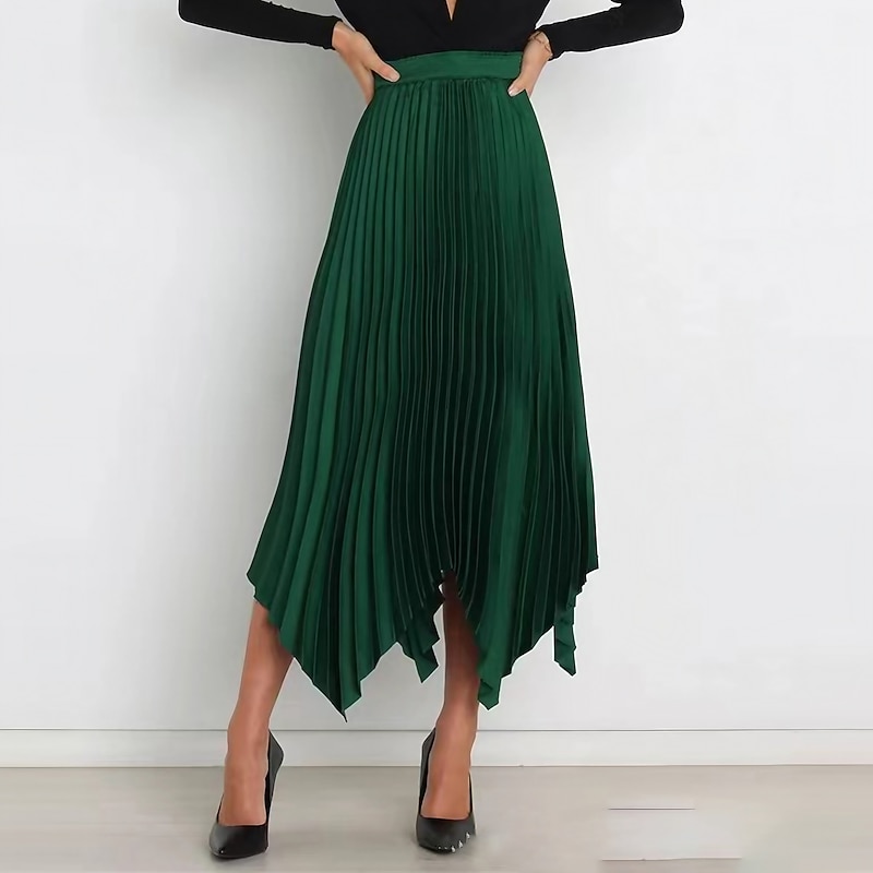 Women's Skirt Swing Long Skirt Elegant Fashion Maxi High Waist Skirts Solid Colored Pleated Asymmetric Hem Party Street Black White Wine Dark Green Spring & Summer Satin