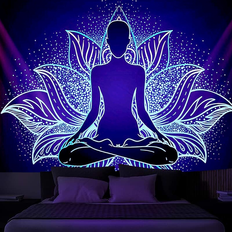 Blacklight Tapestry UV Reactive Glow in the Dark Glow Party Neon Bohemian Meditation Psychedelic Buddha Chakra Trippy Misty Hanging Tapestry Wall Art Mural for Living Room Bedroom
