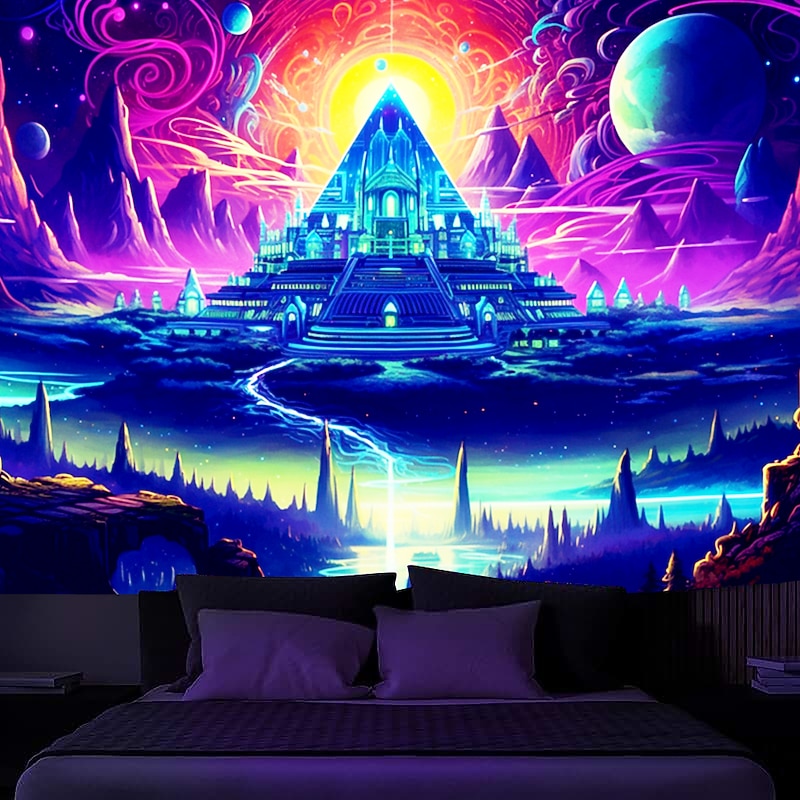 Blacklight Tapestry UV Reactive Glow in the Dark Glow Party Neon Trippy Misty Pyramid Egypt Hanging Tapestry Wall Art Mural for Living Room Bedroom3