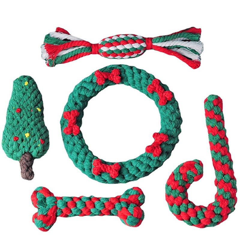 Christmas Pet Cotton Rope Toy Crutch Tooth Cleaning Dog Teething Toy Bite Resistant Rope Knot Dog Toy Set2