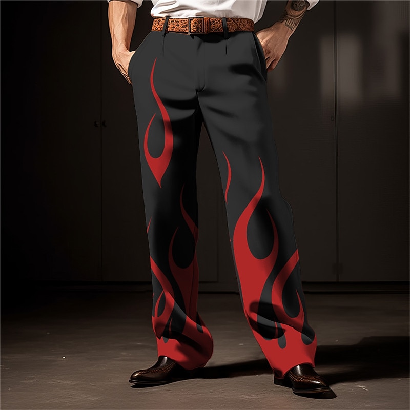 Flame Business Casual Men's 3D Print Dress Pants Pants Trousers Outdoor Street Wear to work Polyester Wine Black White S M L High Elasticity Pants4