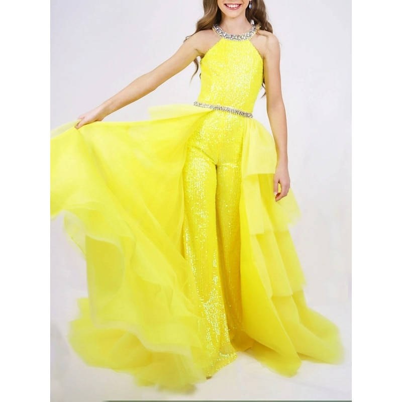 Jumpsuits Sweep / Brush Train Flower Girl Dress Wedding Party Girls Cute Prom Dress Organza with Beading Glitter & Sparkle Fit 3-16 Years dress to impress2