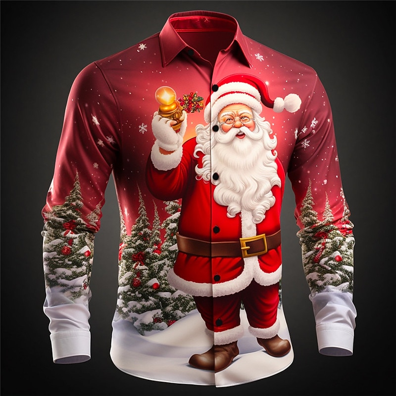 Christmas Men's Santa Claus Printed Shirts Santa Claus Casual Daily Wear Going out Fall & Winter Turndown Long Sleeve White, Army Green, Red S, M, L 4-Way Stretch Fabric Shirt