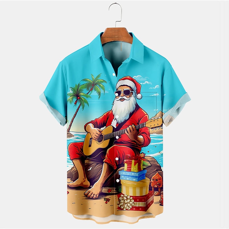 Christmas Men's Santa Claus Hawaiian Shirt Santa Claus Casual Outdoor Street Casual Daily Fall Turndown Short Sleeve Blue S M L Shirt