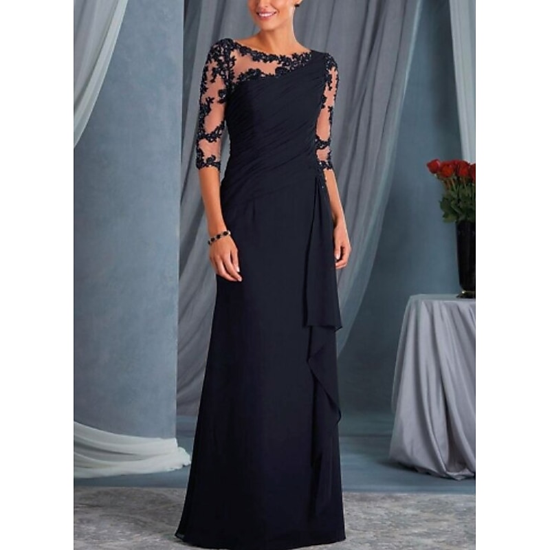 A-Line Mother of the Bride Dress Wedding Guest Plus Size Bateau Neck Floor Length Chiffon Lace Half Sleeve with Draping Appliques dress to impress4