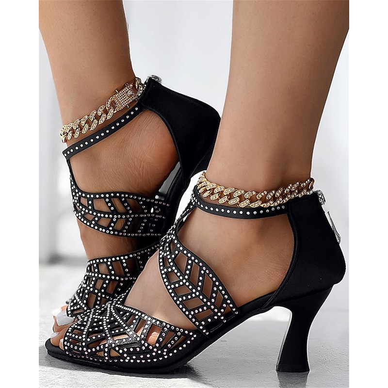 Women's Black Rhinestone Strappy High Heel Sandals with Cut-Out Design for Dance and Evening Wear4
