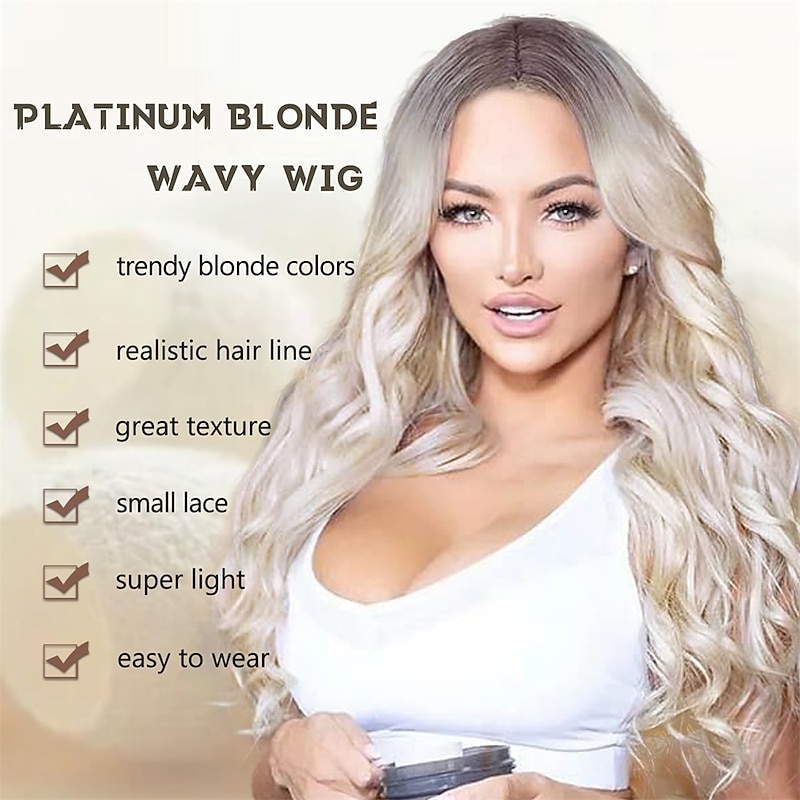 Platinum Blonde Wig, Long Blonde Wavy Wigs for Women 26 Inch Middle Part Natural Curly Synthetic Wig Heat Resistan Fiber Wig for Daily Party Use2