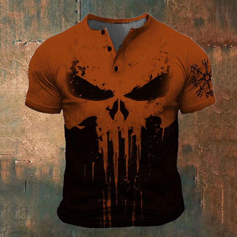 Men's Halloween Graphic Skull Viking T Shirt Henley Shirt Short Sleeve 3D Print Fashion Retro Vintage Classic Sports Outdoor Holiday Going out Spring & Summer White Red Blue Brown Green Henley Henley2