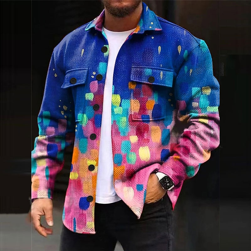 Men's Ombre Color Block Geometric Pattern Shirt Shirt Jacket Overshirt Long Sleeve Casual Outdoor Street Casual Daily Fall & Winter Turndown Buttons Pocket Print Dark Navy Blue2