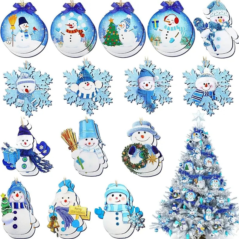 15pcs Wooden Christmas Winter Cute Blue Snowman Round Hanging Decoration Pendant For Outdoor Festival Party Gift Pendant Decor Ornament Scene Decor Room Decor Home Decor Window Decor Pendant Holiday Party Decor (With Rope)