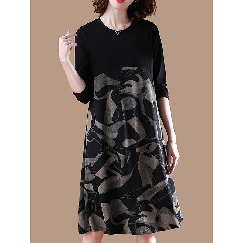 Women's Casual Dress Winter Dress Floral Color Block Patchwork Print Crew Neck Midi Dress Daily Vacation Long Sleeve Fall Winter2