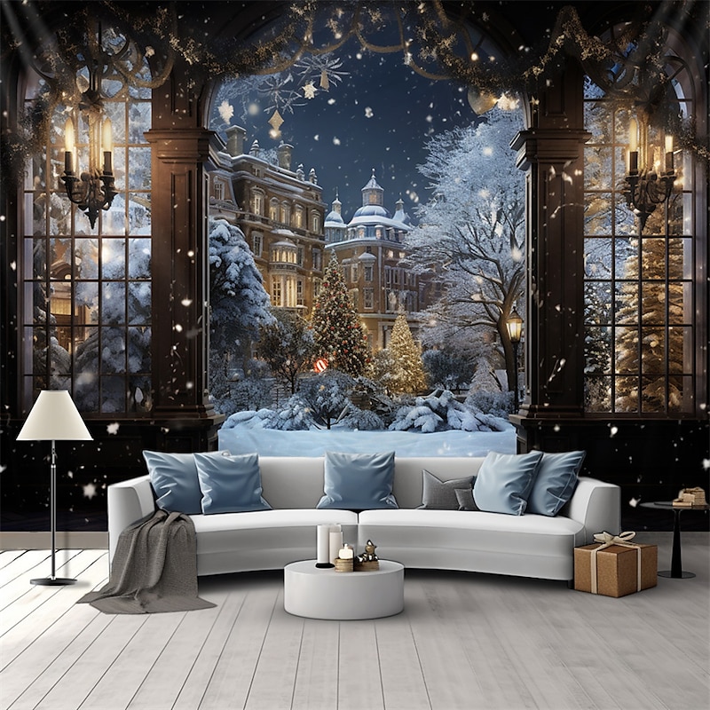 Frosty Window View Hanging Tapestry Wall Art Large Tapestry Mural Decor Photograph Backdrop Blanket Curtain Home Bedroom Living Room Decoration