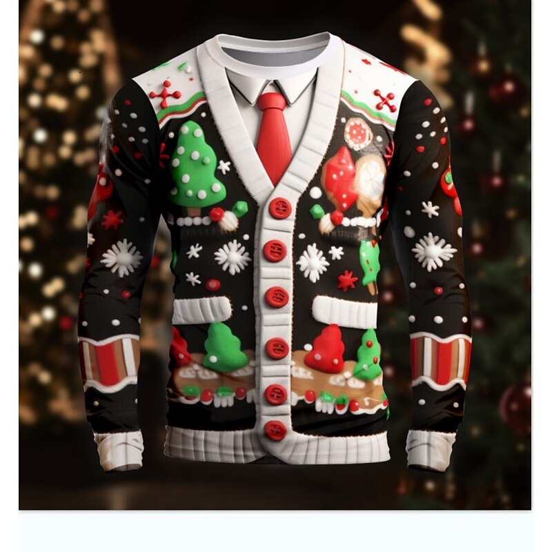 Christmas Men's Ugly Merry Christmas Christmas Pattern T Shirt Funny T Shirts Long Sleeve T shirt 3D Print Crew Neck Shirt Daily Outdoor Casual Party Casual Holiday Black Spring &  Fall Clothing