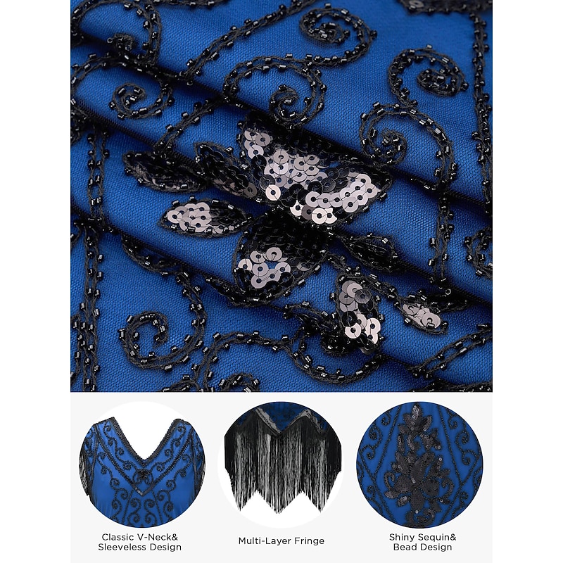 Retro Vintage Roaring 20s 1920s Flapper Dress Outfits Accessories Set The Great Gatsby Wedding Guest Sequins Tassel Fringe Sequin Tassel V Neck Fancy Dress Women's Halloween Carnival Masquerade4
