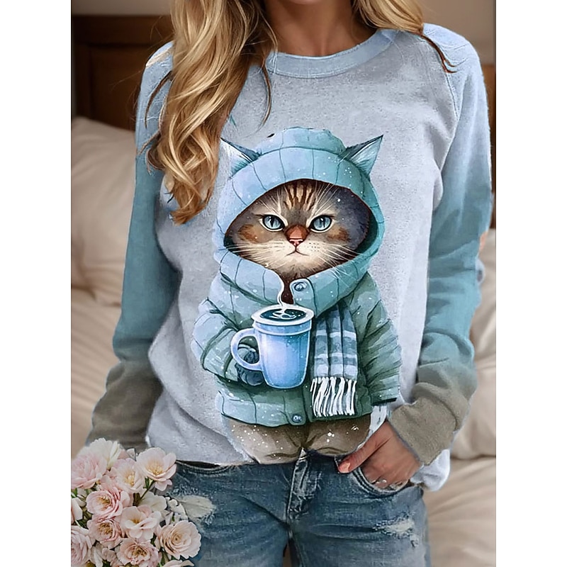 Women's Sweatshirt Pullover Cat Casual Sports Active Sportswear Round Neck Long Sleeve Top Micro-elastic Fall & Winter Comfrt Breathable Soft Fabric