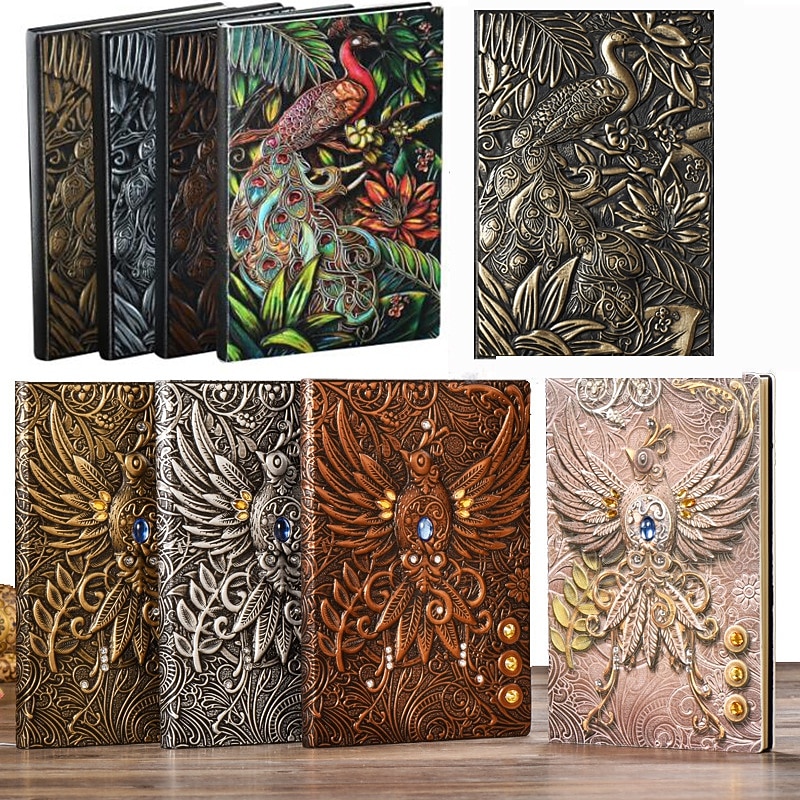 8 Types Embossed Leather Journal Diary Business Notebook  Agenda Antique Handmade Relief Notebook Phoenix Immortal Bird Travel Notebook Agenda Book Gift for Friends Size A5 (8.4x5x0.7 Inches)