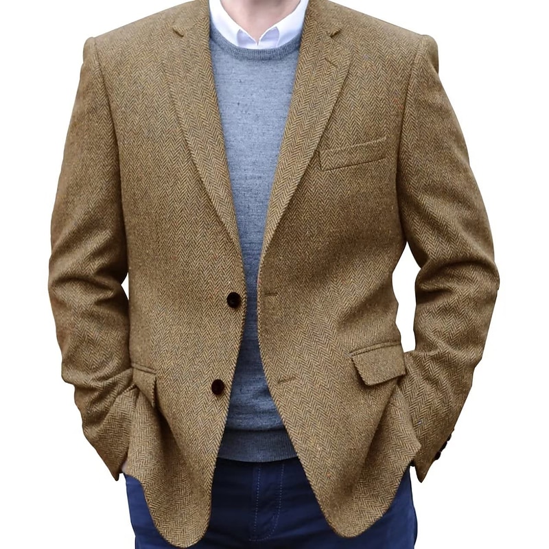 Men's Tweed Blazer Notch Collar Retro Vintage Herringbone Blazer Black khaki Dark Blue Plus Size Single Breasted Two-buttons