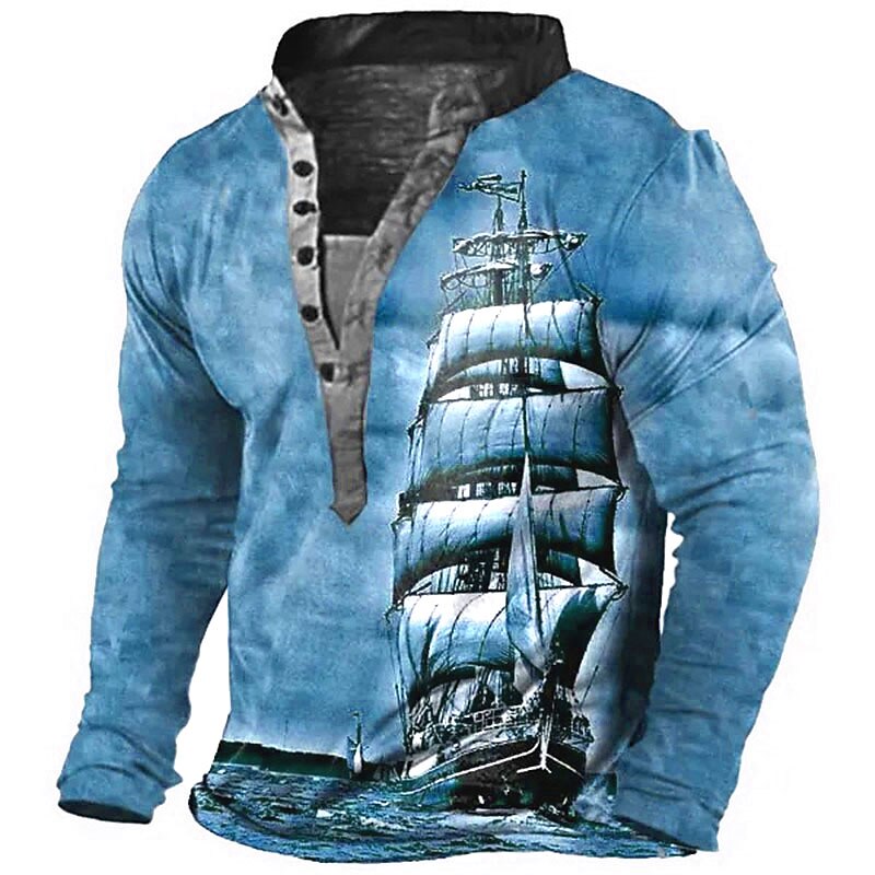 Men's Graphic Ship Henley Shirt Tee Long Sleeve 3D Print Vintage Fashion Designer Outdoor Casual Daily Spring &  Fall Blue Brown Green Gray Henley Henley T-Shirt2