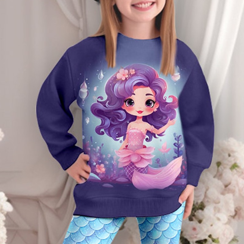 Girls' 3D Mermaid Sweatshirt & Legging Set Pink Long Sleeve 3D Print Fall Winter Active Fashion Daily Kids 3-12 Years Crew Neck Outdoor Vacation Date Regular Fit4