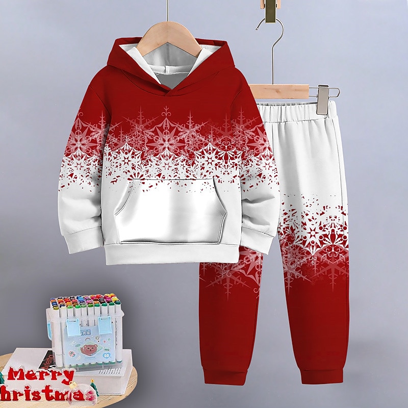 Boys 3D Snowflake Christmas Sets Hoodie & Sweatpants Set Long Sleeve 3D Printing Fall Winter Active Fashion Cool Kids 3-12 Years Hooded Outdoor Vacation Street Regular Fit