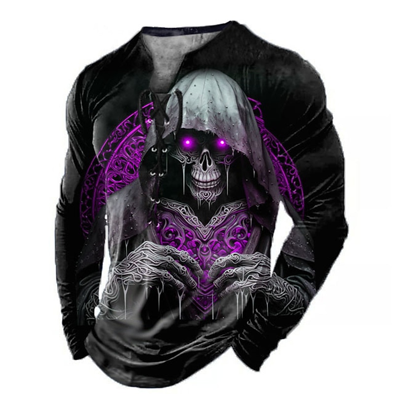 Men's Graphic Skull T Shirt Long Sleeve T shirt 3D Print Collar Shirt Fashion Daily Outdoor Casual Holiday Going out Blue Red Purple Spring &  Fall Clothing Apparel S M L XL 2XL 3XL3