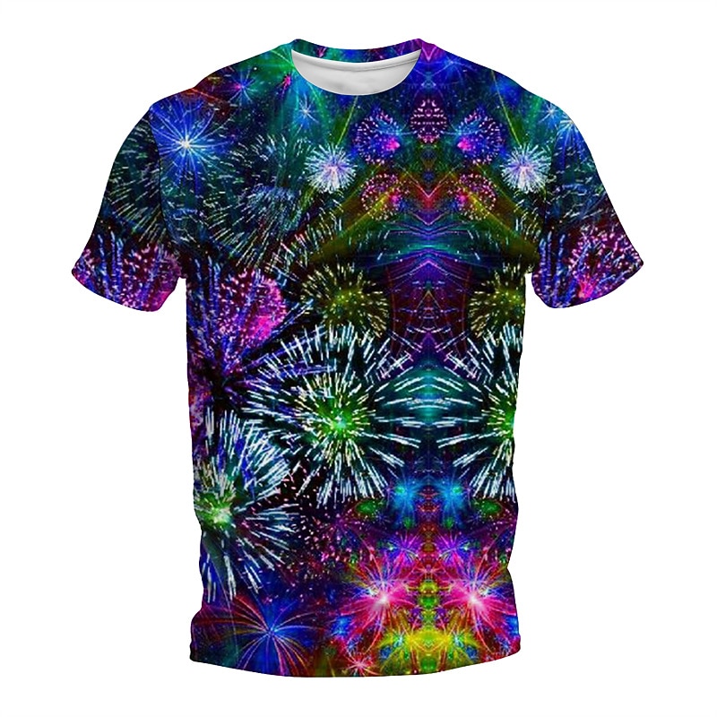Men's Graphic Fireworks T Shirt Short Sleeve T shirt 3D Print Crew Neck Shirt Daily Designer Retro Vintage Sports Outdoor Holiday Going out Blue Purple Green Spring & Summer Clothing Apparel S M L XL3