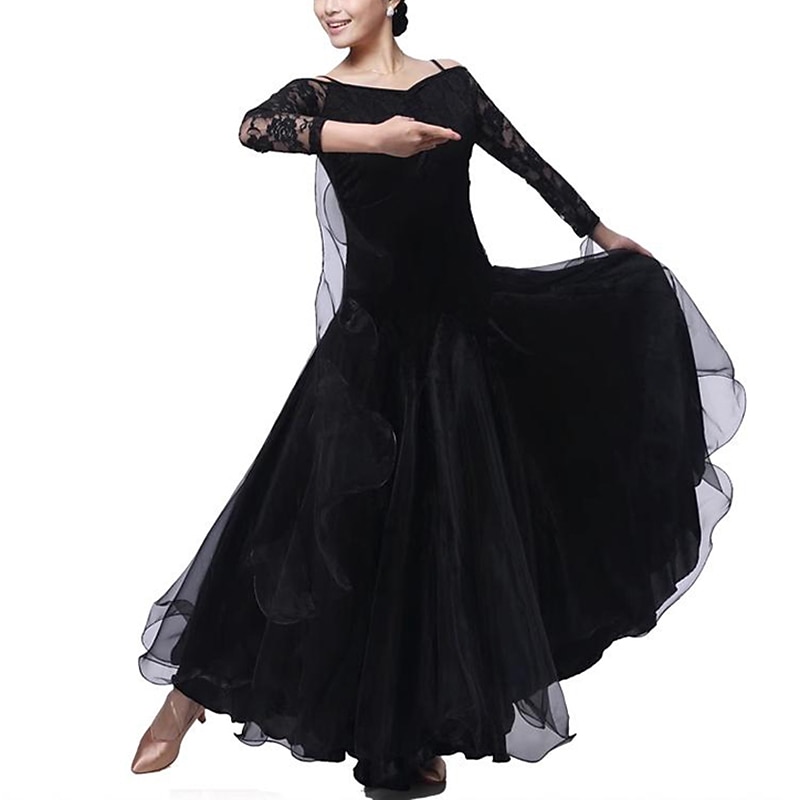 Ballroom Dance Dress Lace Pure Color Splicing Women's Performance Party Modern Waltz Dance Costumes