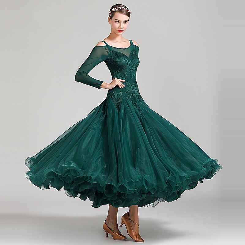 Ballroom Dance Dress Pure Color Women's Performance Training Long Sleeve Natural Lace Tulle2