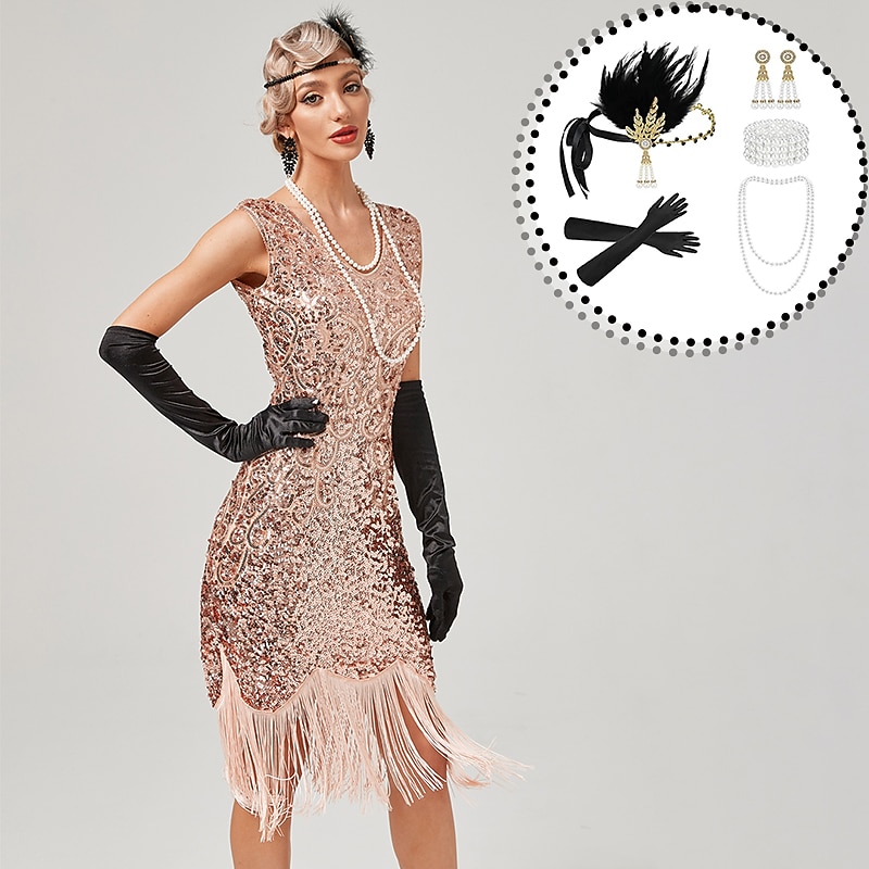 Set with Midi Flapper Dress Feather Headband Opera Gloves Necklace Earings Bracelet Women's Roaring 20s 1920s Outfits Cocktail Masquerade Wedding Prom Gatsby Christmas Attire Party Dress