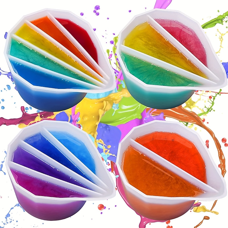 Silicone Split Cups 4 Pcs Thickened And Durable Resin Mixing Cups Fluid Art Acrylic Paint Pouring Drawing Resin Pouring DIY Make Resin Art Drawings With 2-5 Channels Divider Paint Pouring Supplies