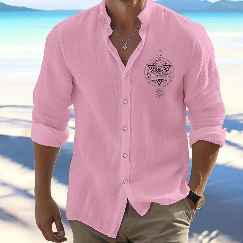 Men's Shirt Button Up Shirt Ethnic Shirt Moon Outdoor Vacation Black White Pink Blue Long Sleeve Standing Collar Spring &  Fall Clothing Apparel Print