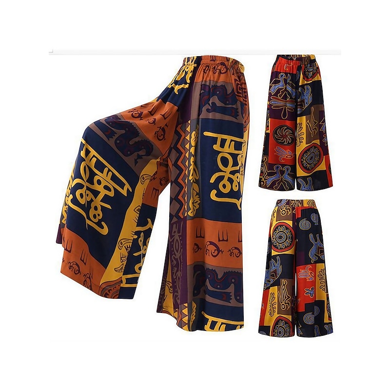 Women's Wide Leg Pants Trousers Vintage Fashion Ethnic Full Length High Waist Graphic Color Block Elastic Waist Printing High Cut Comfort Breathability Soft Micro-elastic Vacation Home Daily Violet