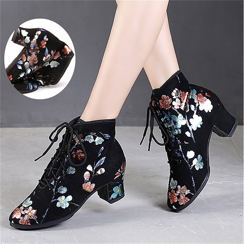 Black Floral Lace-up Dance Shoes for Women – Comfortable Low Heel, Perfect for Latin, Ballroom, and Social Dancing3