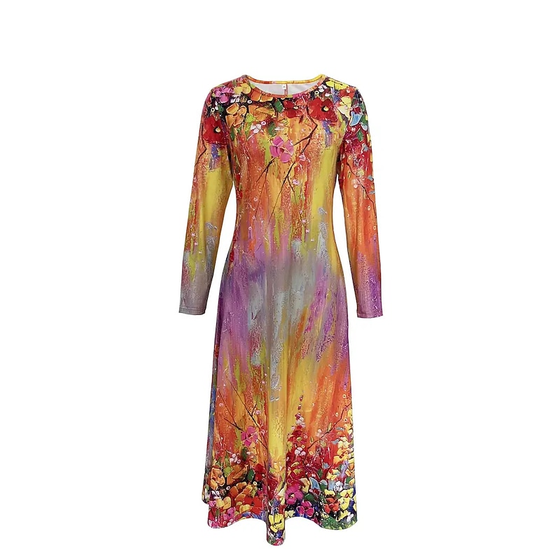 Women's Midi Dress Casual Dress Winter Dress Swing Dress Shift Dress Fashion Streetwear Modern Formal Outdoor Party Regular Fit Floral Long Sleeve Crew Neck Yellow Summer Spring4
