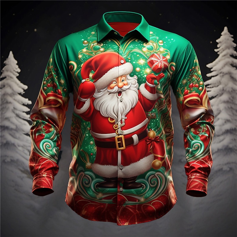 Christmas Men's Santa Claus Printed Shirts Santa Claus Casual Daily Wear Going out Fall & Winter Turndown Long Sleeve Violet, Burgundy, Blue S, M, L 4-Way Stretch Fabric Christmas