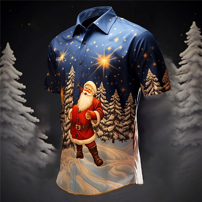 Christmas Men's Santa Claus Printed Shirts Santa Claus Casual Daily Wear Going out Weekend Autumn / Fall Turndown Short Sleeves Burgundy, Dark Navy, Navy Blue S, M, L 4-Way Stretch Fabric Christmas