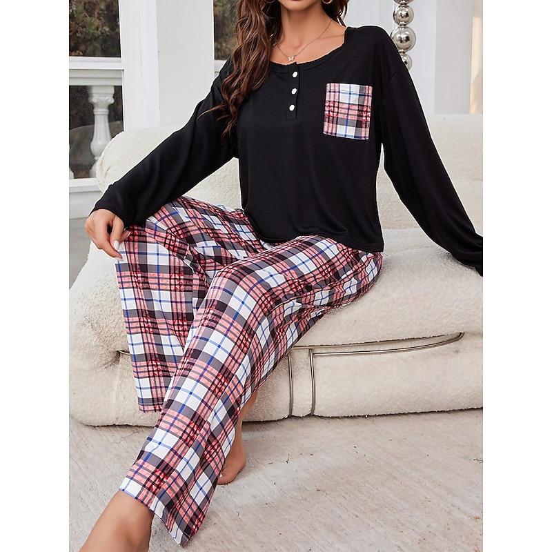 Women's Pajamas Sets Grid / Plaid Casual Comfort Home Bed Breathable Crew Neck Long Sleeve T shirt Tee Pant Button Pocket Fall Winter Home Outfits - Main Image