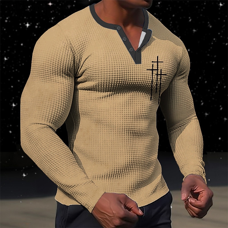 Men's Graphic Faith T Shirt Henley Shirt Waffle T Shirt Long Sleeve Daily Classic Casual Sports Outdoor Casual Going out Spring &  Fall Black White Green Khaki Gray V Neck Henley T-Shirt2