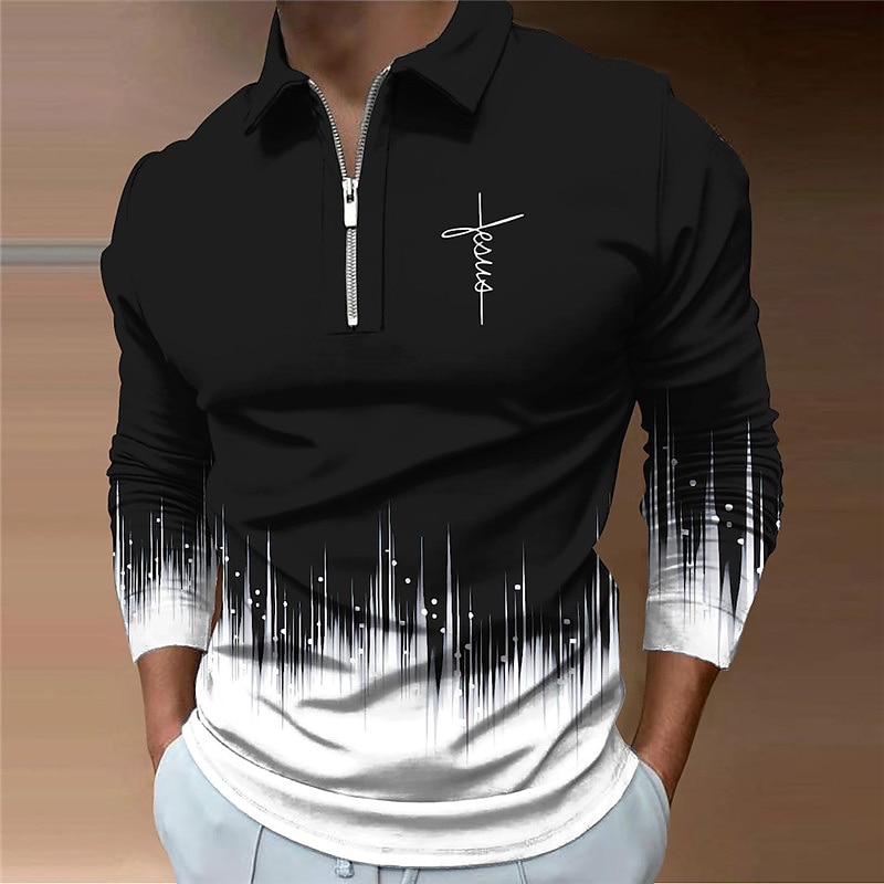 Men's Faith Zip Polo Shirts Golf Shirt Long Sleeve Polo Shirts Collared Shirts Casual Vacation Wear Party Outfits 3D Print Quarter Zip Polo Fall & Winter Black Wine