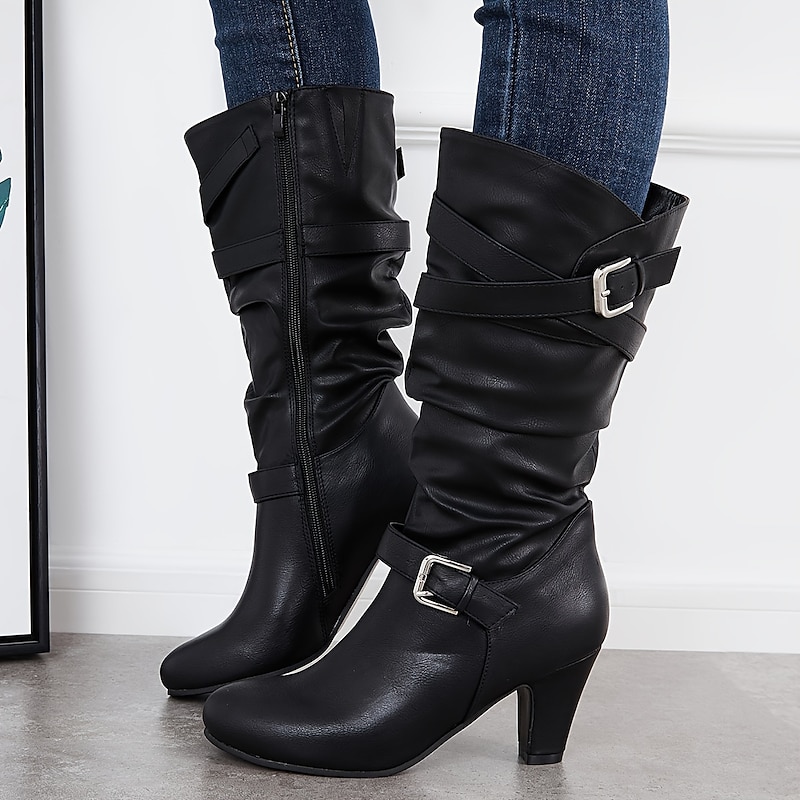 Women's Mid-Calf Slouch Boots with Buckle Straps and Block Heel, Stylish Casual Footwear for Fall and Winter Outfits