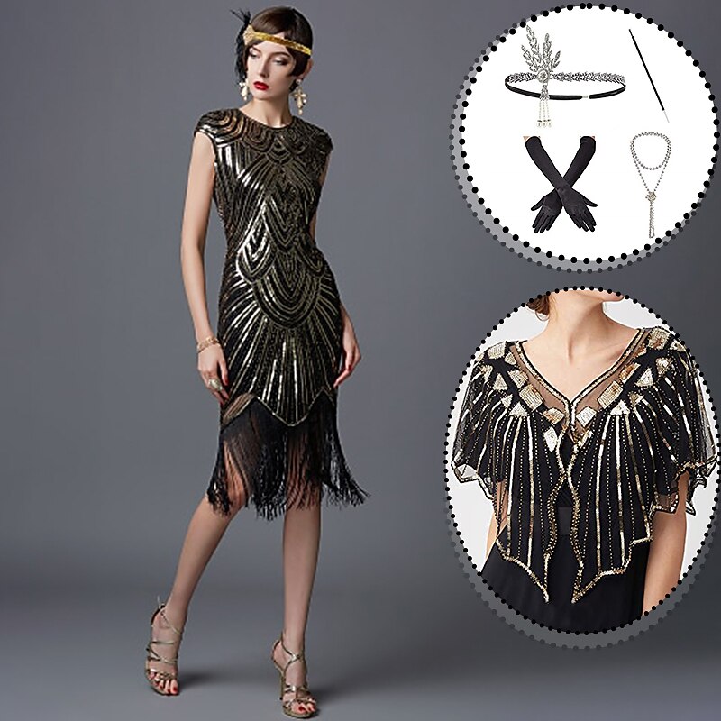 Set with Midi Flapper Dress Headband Opera Gloves Necklace Cigarette Holder Women's Roaring 20s 1920s Outfits Cocktail Masquerade Gatsby Christmas Attire Party Dress