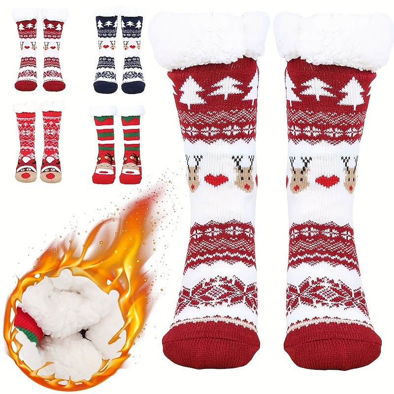 1 Pair Christmas Cartoon Reindeer Pattern Fuzzy Socks, Comfort Fleece-lined Winter Winter Socks With Grip, Soft Sleep Socks Slipper Socks For Christmas New Year Gift