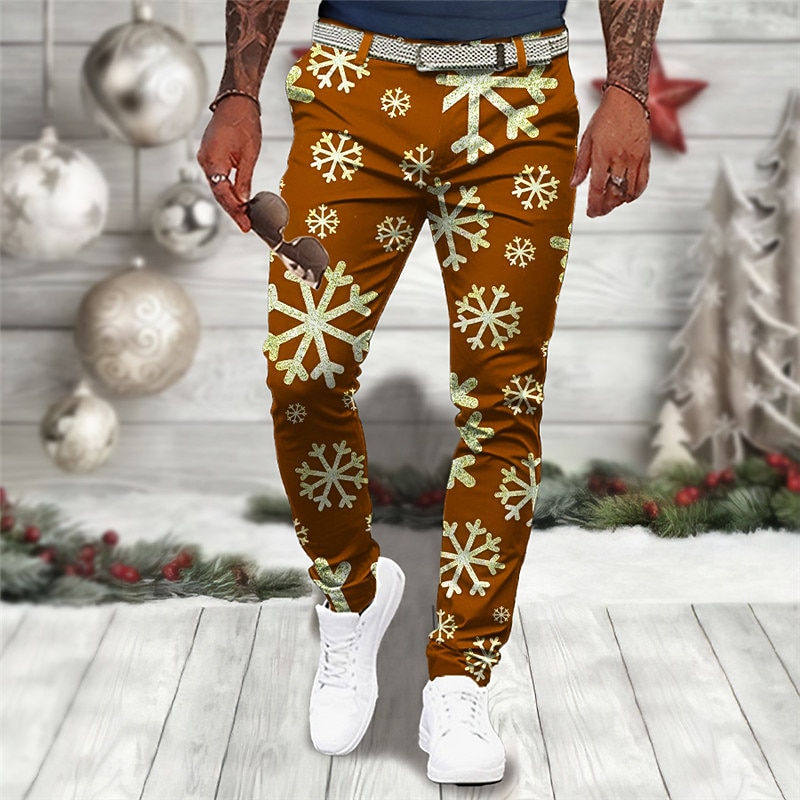 Christmas Men's Christmas Scene Printed Pants Snowflake Business Casual 3D Print  Dress Trousers Outdoor Daily Wear Streetwear Polyester Wine Black Blue S M L Medium Waist Elasticity Pants4