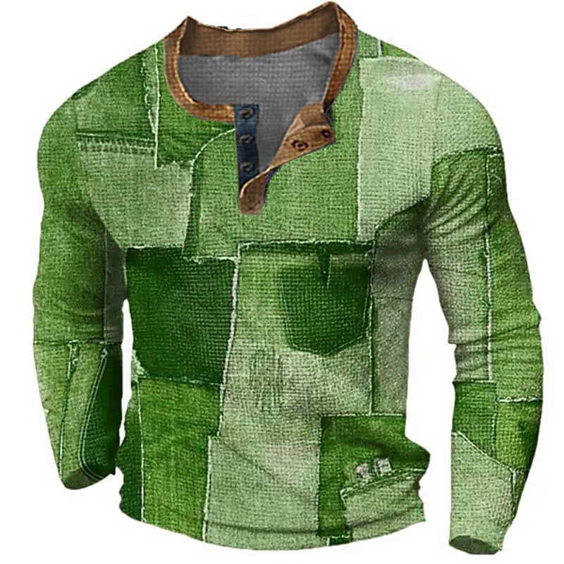 Men's Graphic Color Block Patchwork Henley Shirt Waffle T Shirt Long Sleeve 3D Print Fashion Designer Casual Sports Outdoor Holiday Festival Spring &  Fall Blue Brown Green Gray Henley Henley T-Shirt3