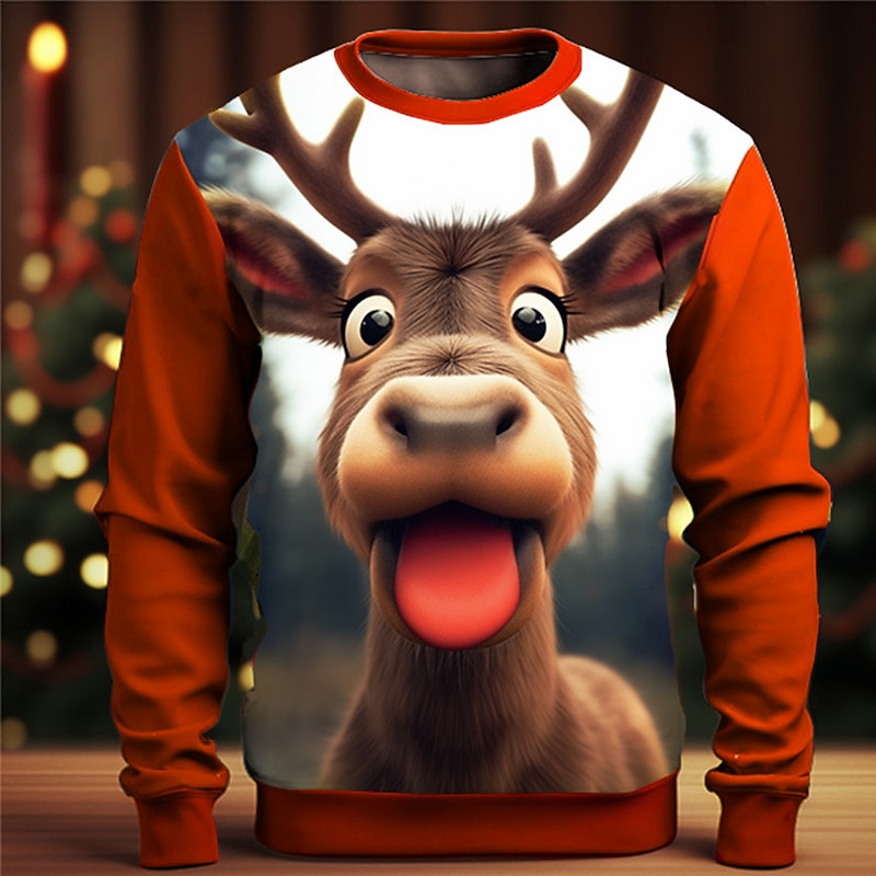 Men's Graphic Elk Moose Christmas Sweatshirts Golf Pullover Sweatshirt Long Sleeve Sweatshirt Crew Neck Fashion Daily Casual 3D Print Vacation Holiday Going out Print Spring &  Fall4