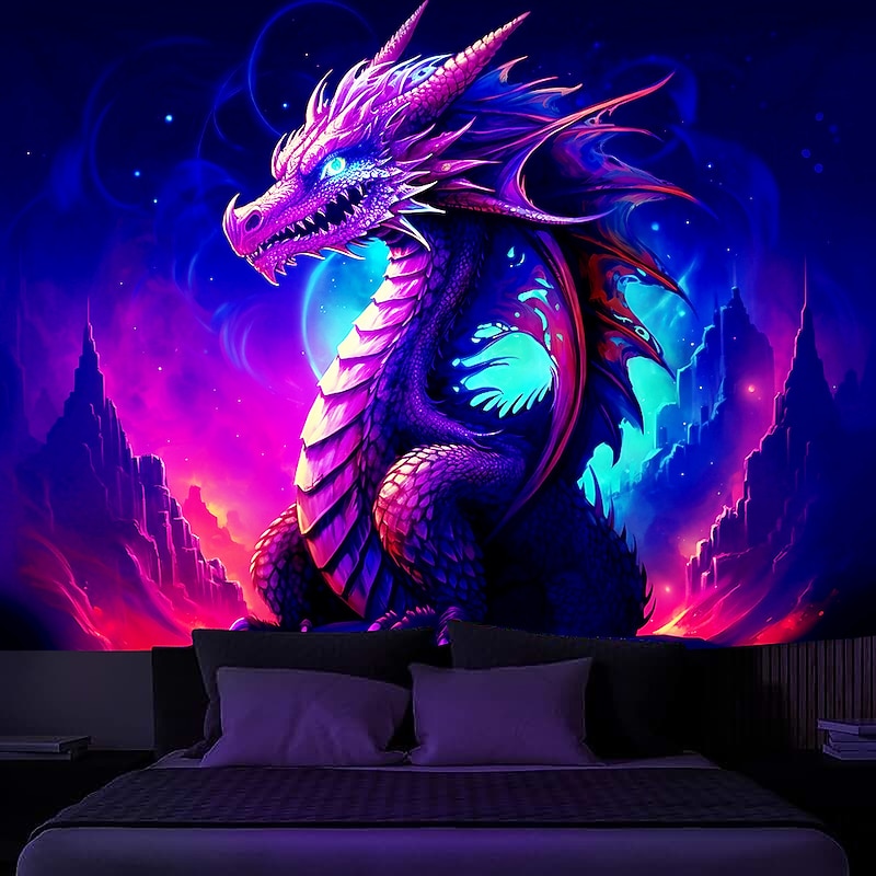 Blacklight Tapestry UV Reactive Glow in the Dark Glow Party Neon Trippy Misty Dragon Animal Hanging Tapestry Wall Art Mural for Living Room Bedroom
