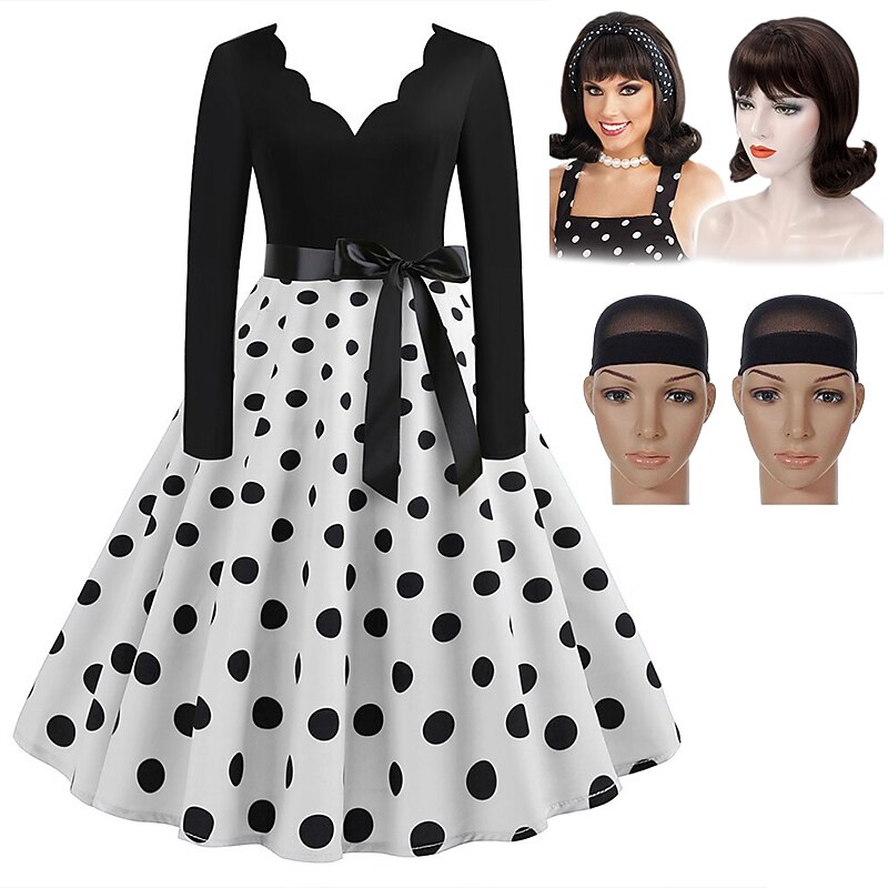 Set with Polka Dots Vintage Dress Beehive Curl Hair Wig 2* Wig Caps 4 PCS 1950s Retro Vintage Tea Dress A-Line Dress Rockabilly Flare Dress Women's Costume Christmas Homecoming