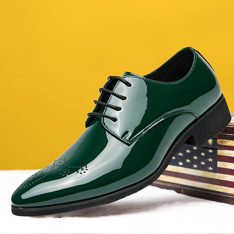 Men's Green Patent Leather Oxford Dress Shoes – Formal Shiny Lace-Up Shoes for Business, Weddings, and Special Events