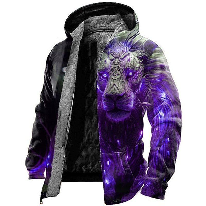 Men's Animal Lion Graphic Prints Hoodie Hoodies Sweatshirt Daily Classic Long Sleeve Hooded Vacation Holiday Going out Red Blue Fleece Winter Designer3